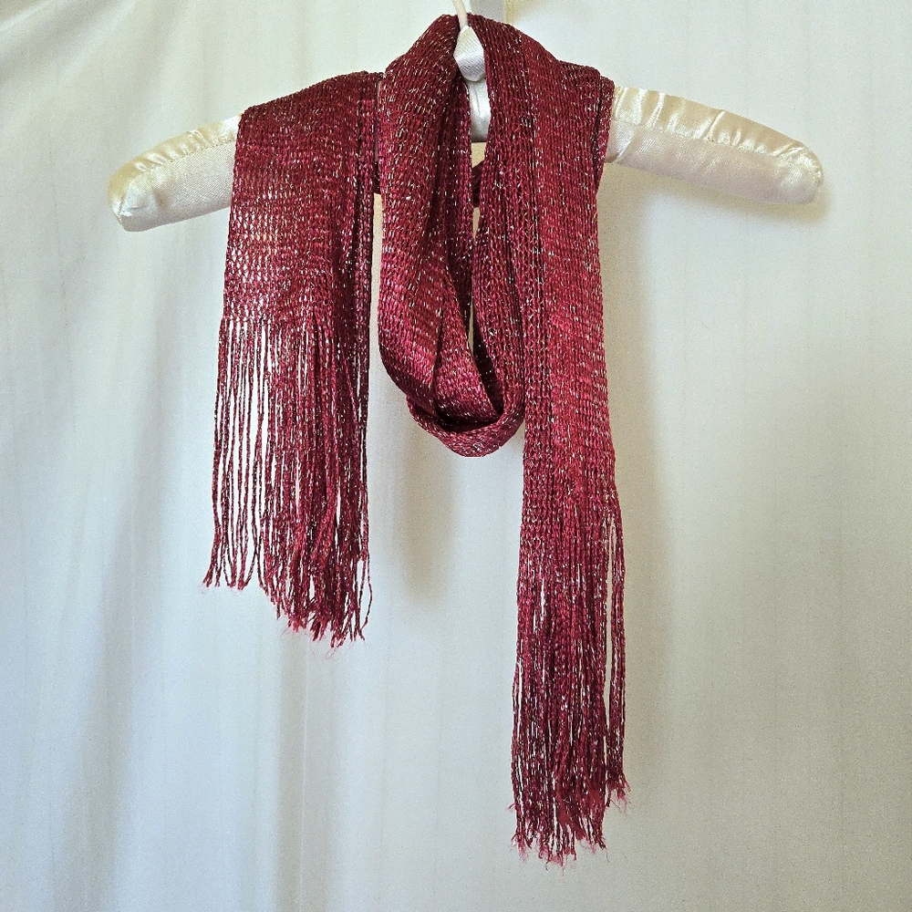 Lightweight / Sheer Knit Deep Red Scarf With Silver - Picture 2 of 6